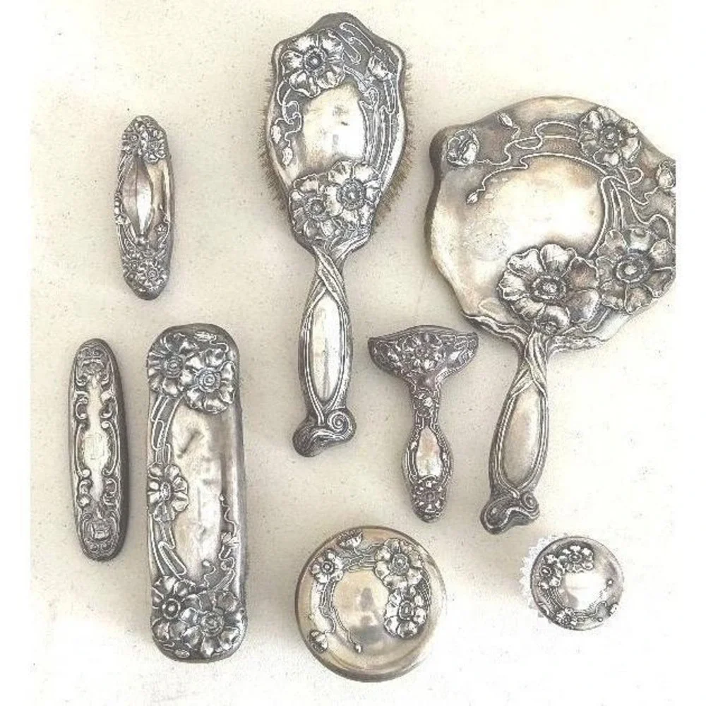 Victorian Repose  Sterling Silver‎  Large Vanity Set Brushes Jars Mirrors & More